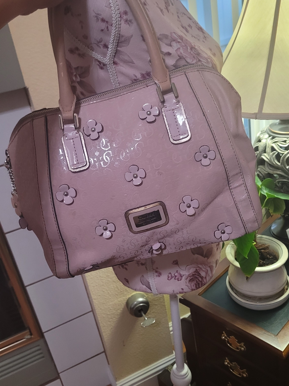 Guess Pink Floral Appliqué Satchel Bag